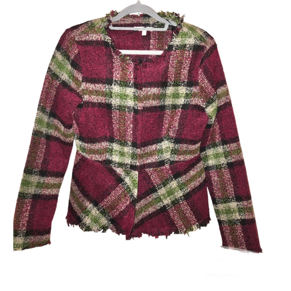 Hem & Thread Fringe‎ Plaid wool zip peplum Jacket red green size medium